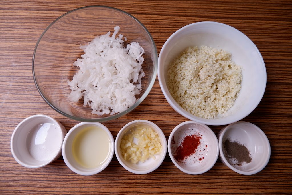 prepare the ingredients for Radish & Cauliflower Hash Brown with Bacon